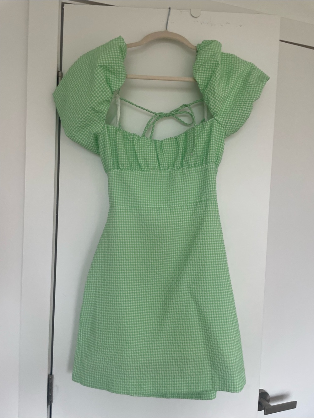 Zara Light Green Gingham Puff-Sleeve Mini Dress - worn only once